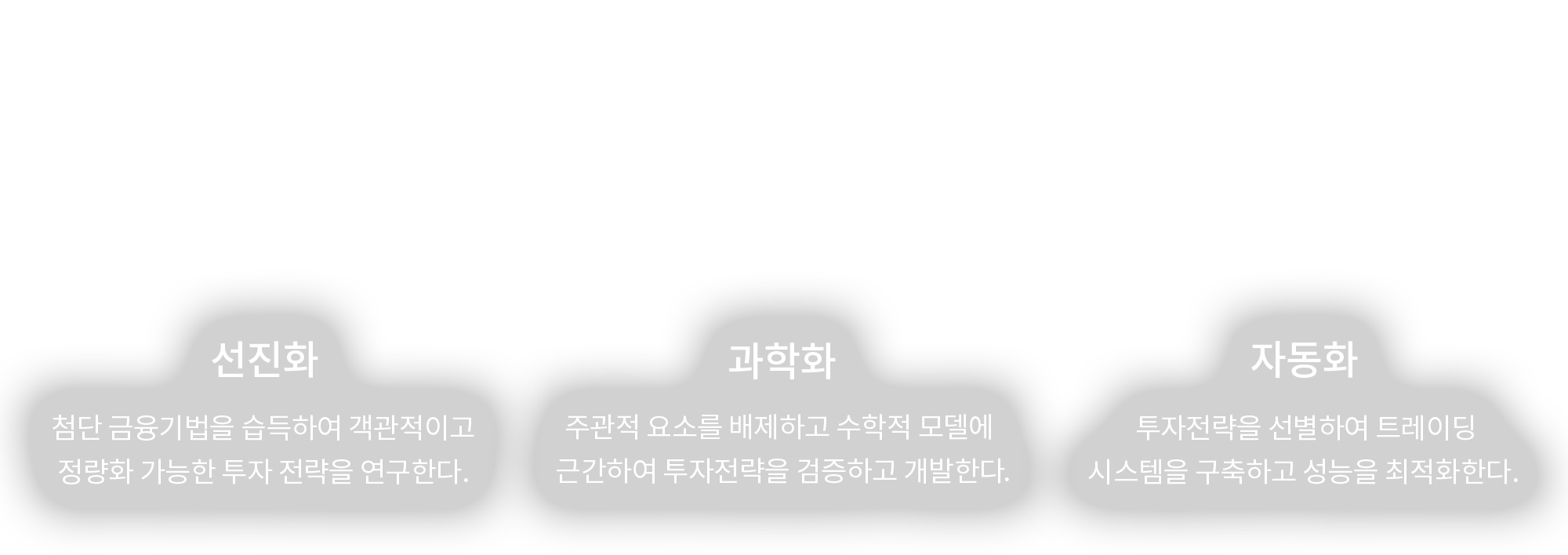 선진화 - 첨단 금융기법을 습득하여 객관적이고 정량화 가능한 투자 전략을 연구한다. / 과학화 - 주관적 요소를 배제하고 수학적 모델에 근간하여 투자전략을 검증하고 개발한다. / 자동화 - 투자전략을 선별하여 트레이딩 시스템을 구축하고 성능을 최적화한다. 