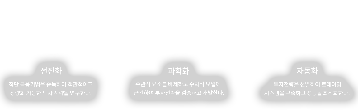 선진화 - 첨단 금융기법을 습득하여 객관적이고 정량화 가능한 투자 전략을 연구한다. / 과학화 - 주관적 요소를 배제하고 수학적 모델에 근간하여 투자전략을 검증하고 개발한다. / 자동화 - 투자전략을 선별하여 트레이딩 시스템을 구축하고 성능을 최적화한다. 